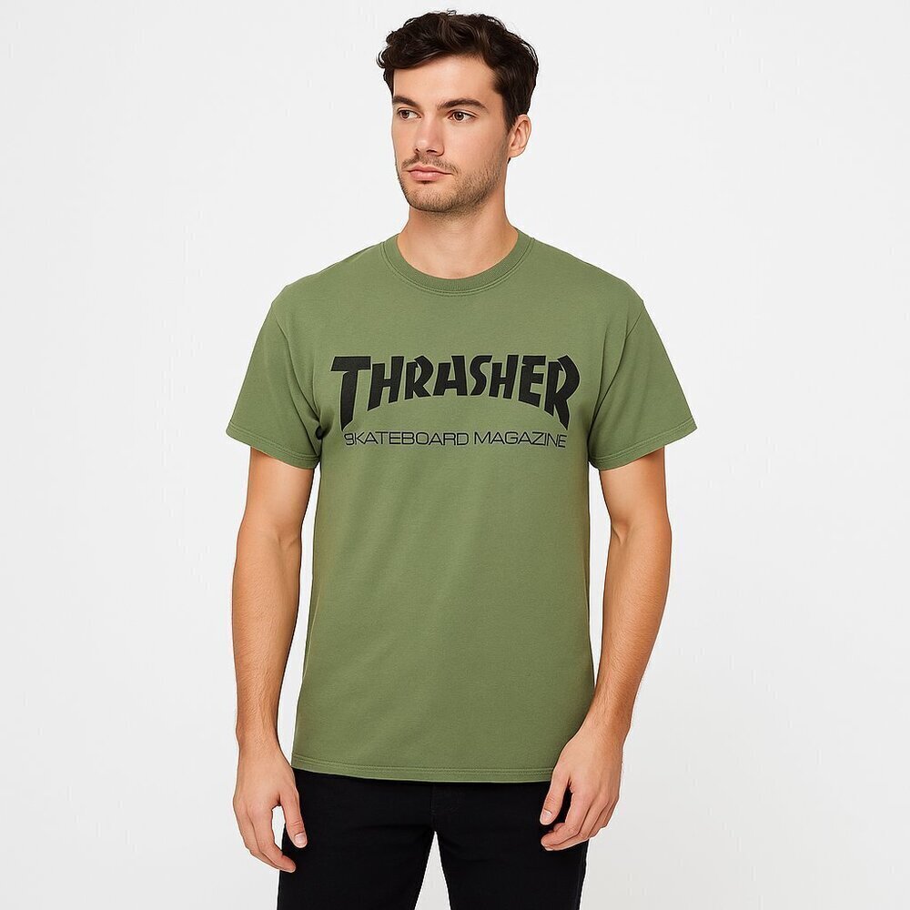 Thrasher Skateboard Magazine Olive Green Graphic Tee Skatecore Skate T-Shirt Siz
